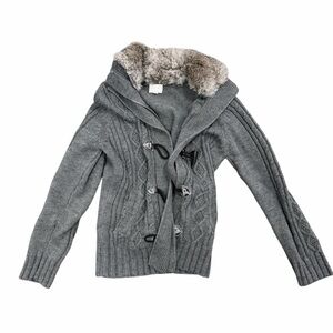 Emma James Gray Cable Knit Toggle Sweater Jacket Faux Fur Collar